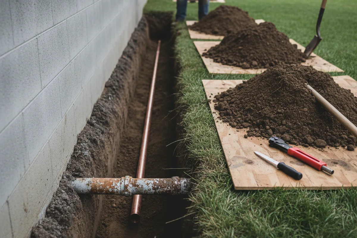 Excavated water line trench during Water Heater Repair in Cabot